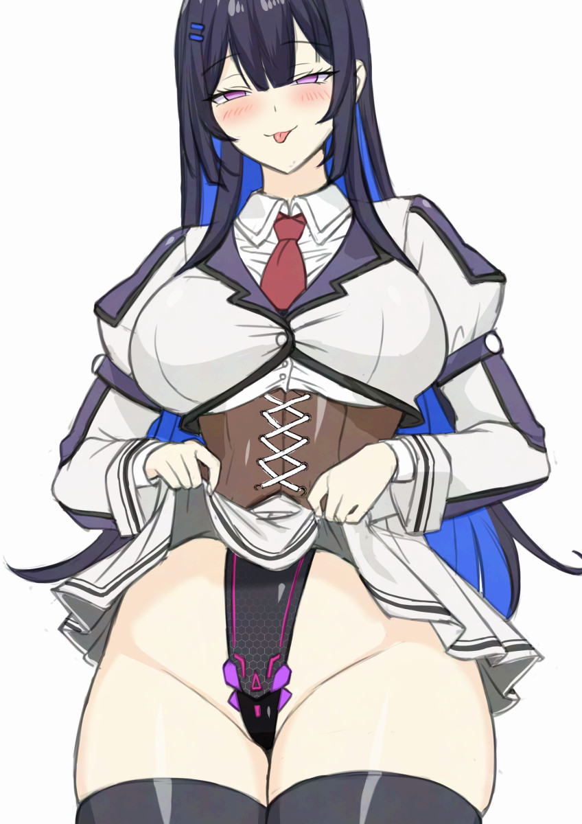 black_hair blue_hair blush breasts corset empty_eyes female_only femsub happy_trance large_breasts leotard long_hair looking_at_viewer multicolored_hair sato_terumasa simple_background skirt skirt_lift smile solo thighhighs tie tongue tongue_out underwear very_long_hair white_background