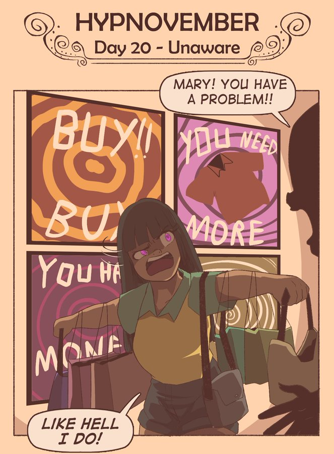 black_hair dark_skin dialogue english_text eyebrows_visible_through_hair femsub financial_domination humor hypnovember mary_mavys_(pstash) open_mouth original pstash shorts spiral yellow_background