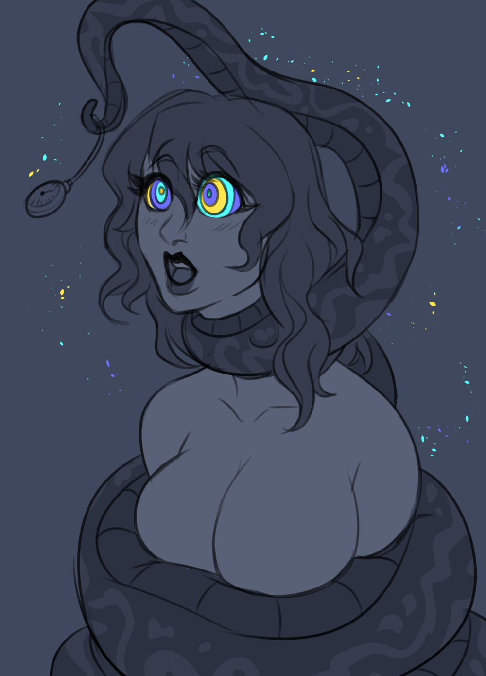 asphyxiation bare_shoulders blush cleavage clock coils collarbone disney femsub kaa_eyes large_breasts nude open_mouth original pendulum scalesandspirals snake spiral_eyes the_jungle_book