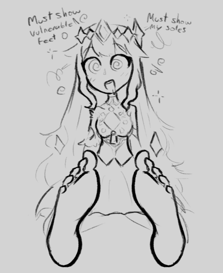 barefoot bijou_koseki dress drool female_only femsub foot_focus grey_background happy_trance hololive hololive_english long_hair open_mouth original simple_background skecchyartist sketch spiral spiral_eyes text virtual_youtuber