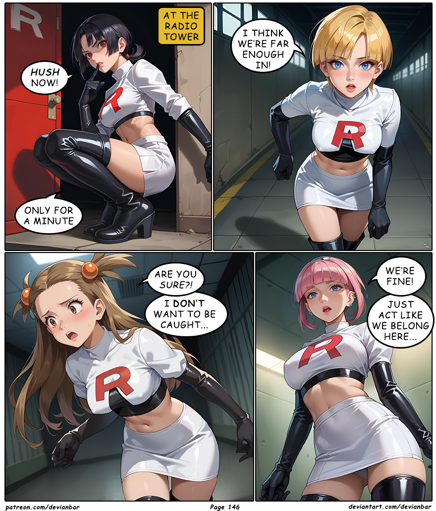 ai_art black_hair blonde_hair brown_hair devianbar dialogue elesa jasmine large_breasts long_hair mollie_(pokemon) nintendo pink_hair pokemon short_hair team_hypno team_rocket text zinnia