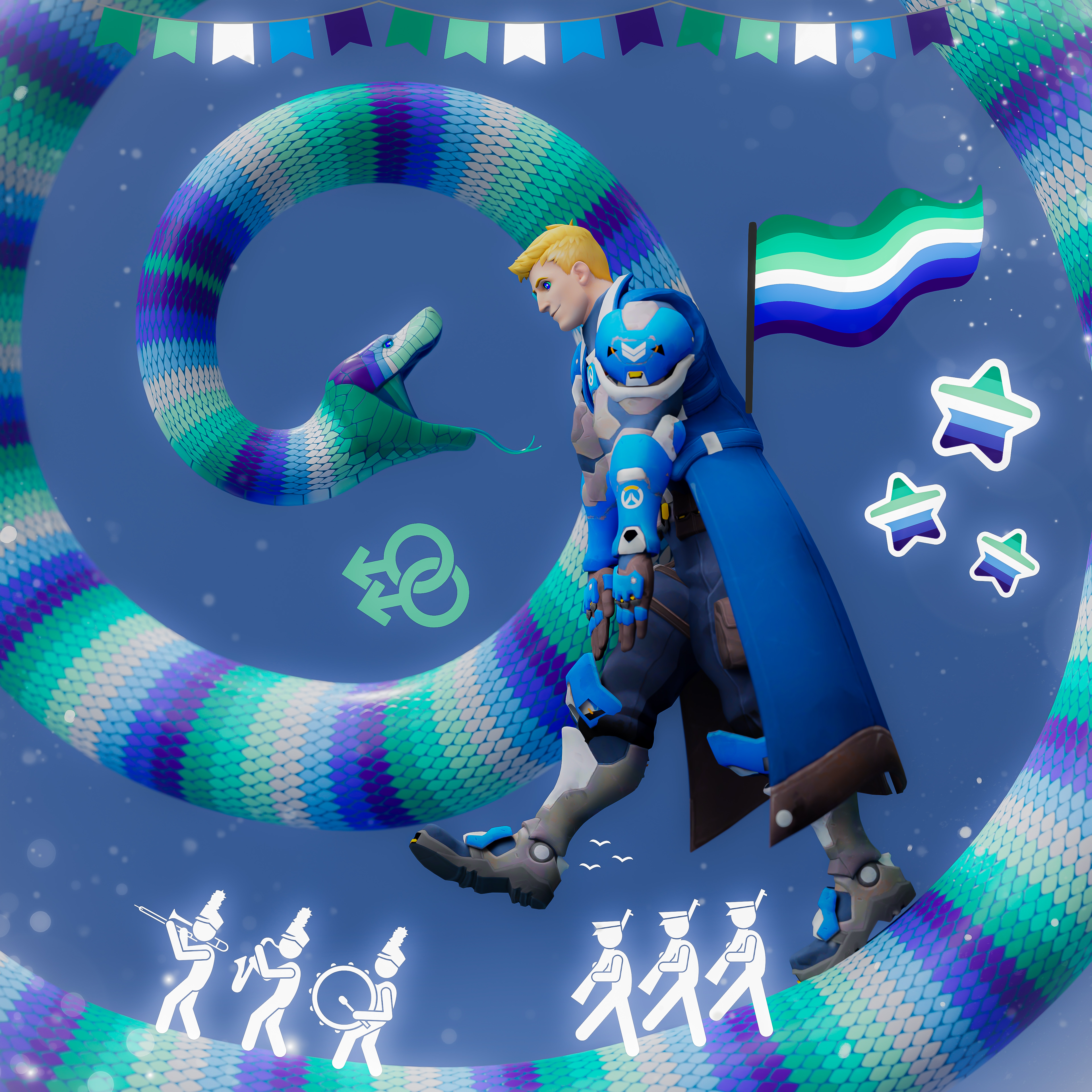 HypnoHub - 3d armor blonde hair blue background cape clothed coil loop ...