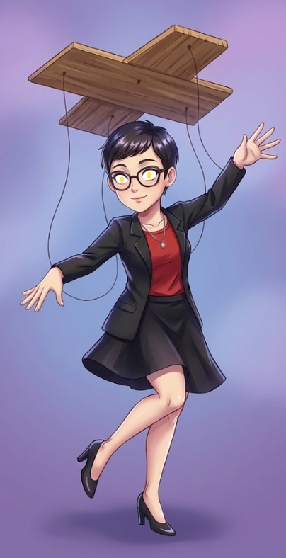 ai_art black_hair body_control carmen_sandiego clothed control_indicator dancing empty_eyes female_only femsub glasses happy_trance human_puppet julia_argent_(carmen_sandiego) looking_at_viewer puppet puppetization short_hair skirt smile solo zupern0va_(manipper)