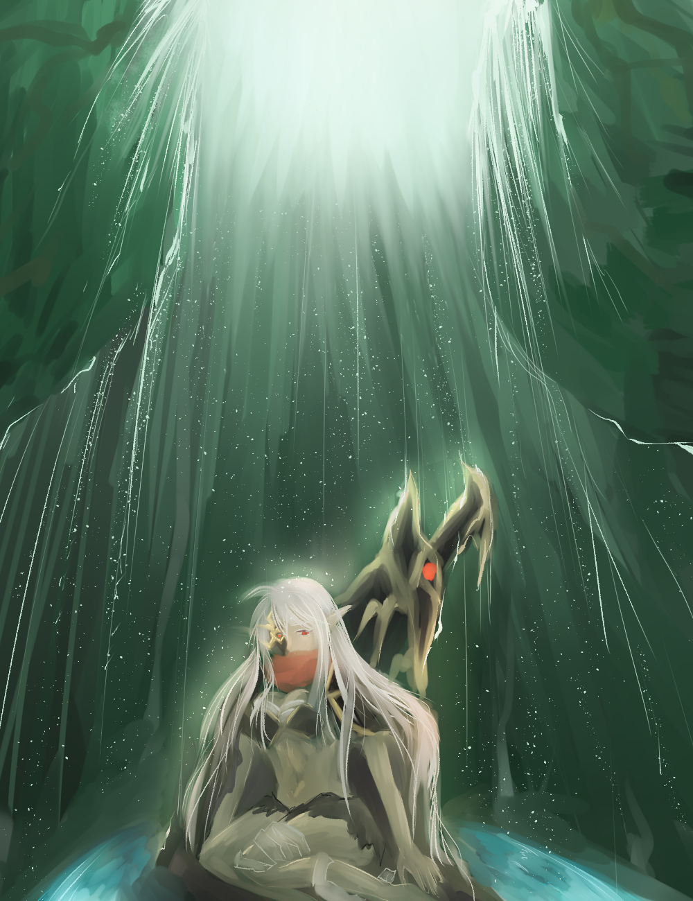 alternate_costume aura barefoot breasts cleavage corruption demon_girl elf_ears eye_color_change female_only femsub glowing hm_(manhaam) langrisser long_hair mask midriff navel red_eyes scarf sitting solo spoilers thighs water wet white_hair zerida_(langrisser)