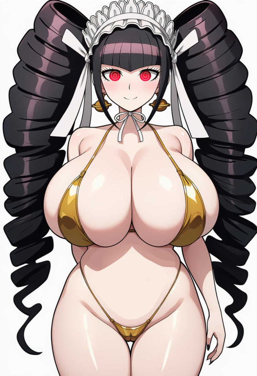 ai_art bangs bikini black_hair breasts celestia_ludenberg cleavage dangan_ronpa earrings female_only femsub gold hair_ornament huge_breasts lingerie midriff novelai_(ai) smile solo spiral_eyes symbol_in_eyes twintails