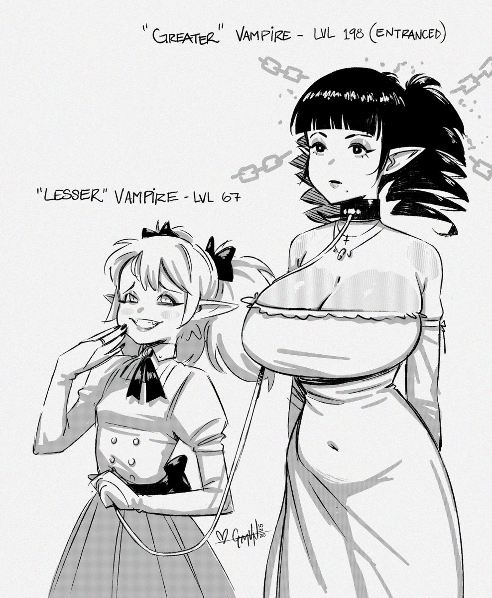 bare_shoulders character_request choker clothed collar copyright_request drill_hair english_text expressionless fangs femdom femsub gmun greyscale hair_ornament hair_ribbon huge_breasts leash mental_chains mole monochrome navel ribbon signature simple_background smug text twintails vampire white_background