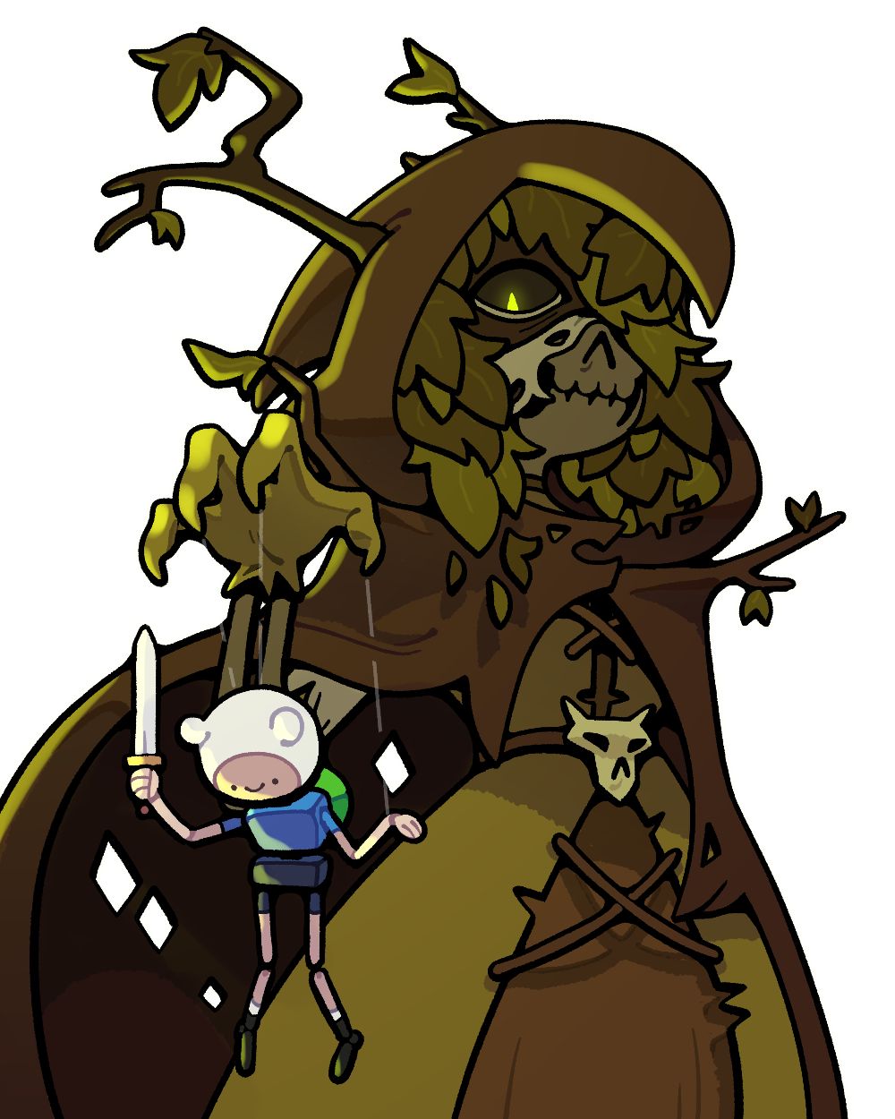 adventure_time alternate_costume alternate_form antlers black_sclera blonde_hair corruption discount_supervillain eye_color_change eye_mask femsub finn_the_human glowing_eyes hair_color_change hood huntress_wizard lich_(adventure_time) malesub mask possession puppet puppetization slit_pupils smile sword transparent_background weapon yellow_eyes