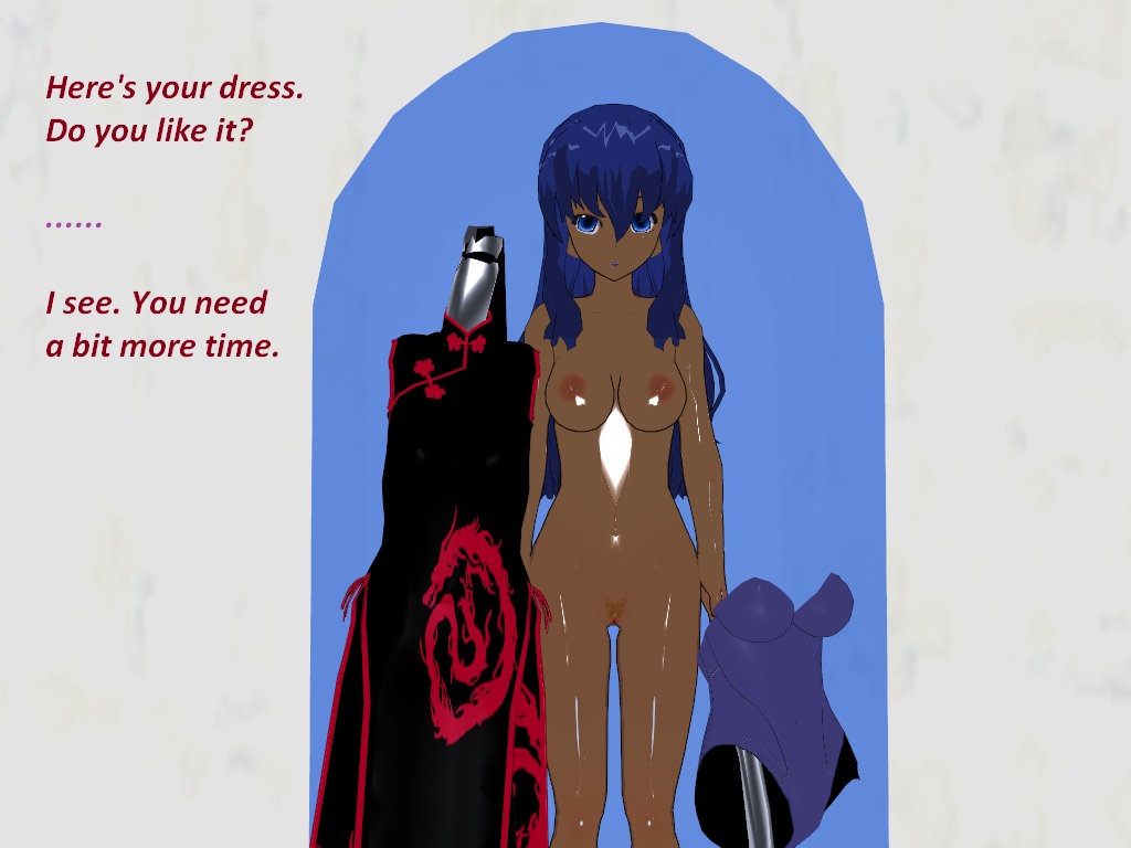 3d blue_eyes blue_hair breasts china_dress dark_skin dazed flamekin long_hair mechanical_arm nude pussy stasis_tank text