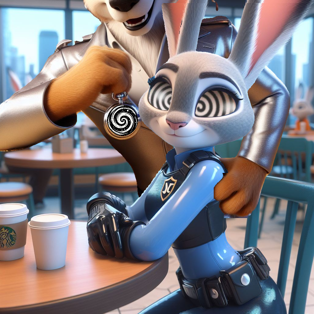 ai_art altered_common_sense belt bunny_girl clothed disney dog_boy empty_eyes expressionless female_only femsub furry gloves happy_trance hypnotic_accessory judy_hopps latex maledom open_mouth patar231 rubber sitting smile spiral_eyes standing symbol_in_eyes zootopia