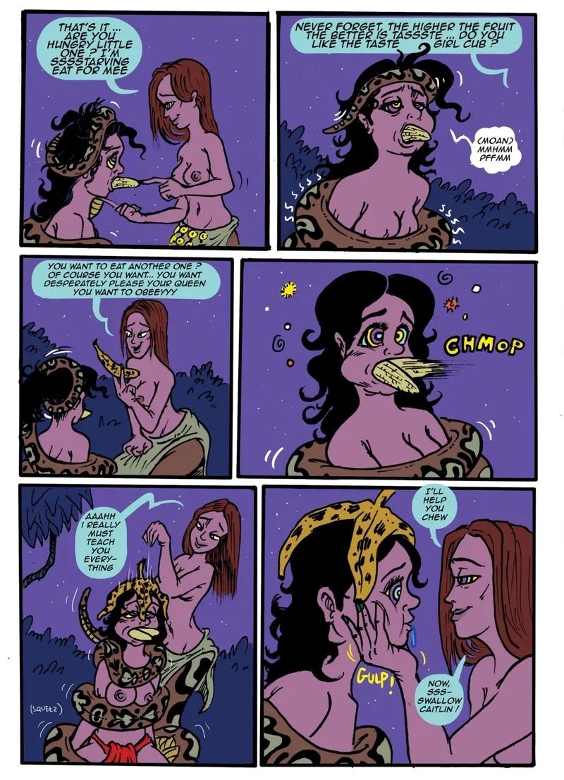 bandana bicooo6 black_hair brown_hair coils comic femdom femsub kaa_eyes loincloth long_hair naga_girl original speech_bubble text topless yuri