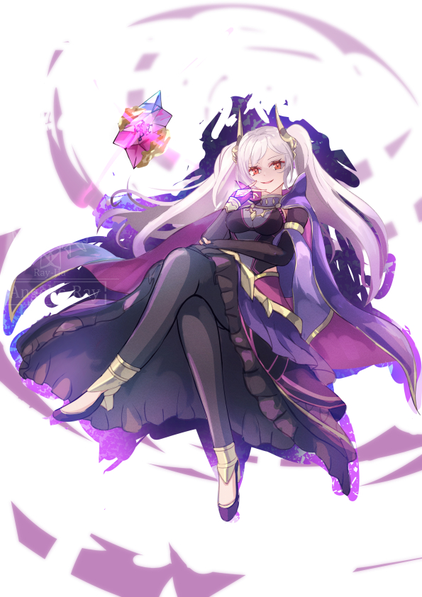 alternate_costume aura breasts corruption crossed_legs evil_smile feathe02 fire_emblem fire_emblem_awakening fire_emblem_heroes floating glowing_eyes grima_(fire_emblem_awakening) happy_trance high_heels horns long_hair looking_at_viewer nintendo possession red_eyes robin_(fire_emblem_awakening) sitting smile twintails white_hair