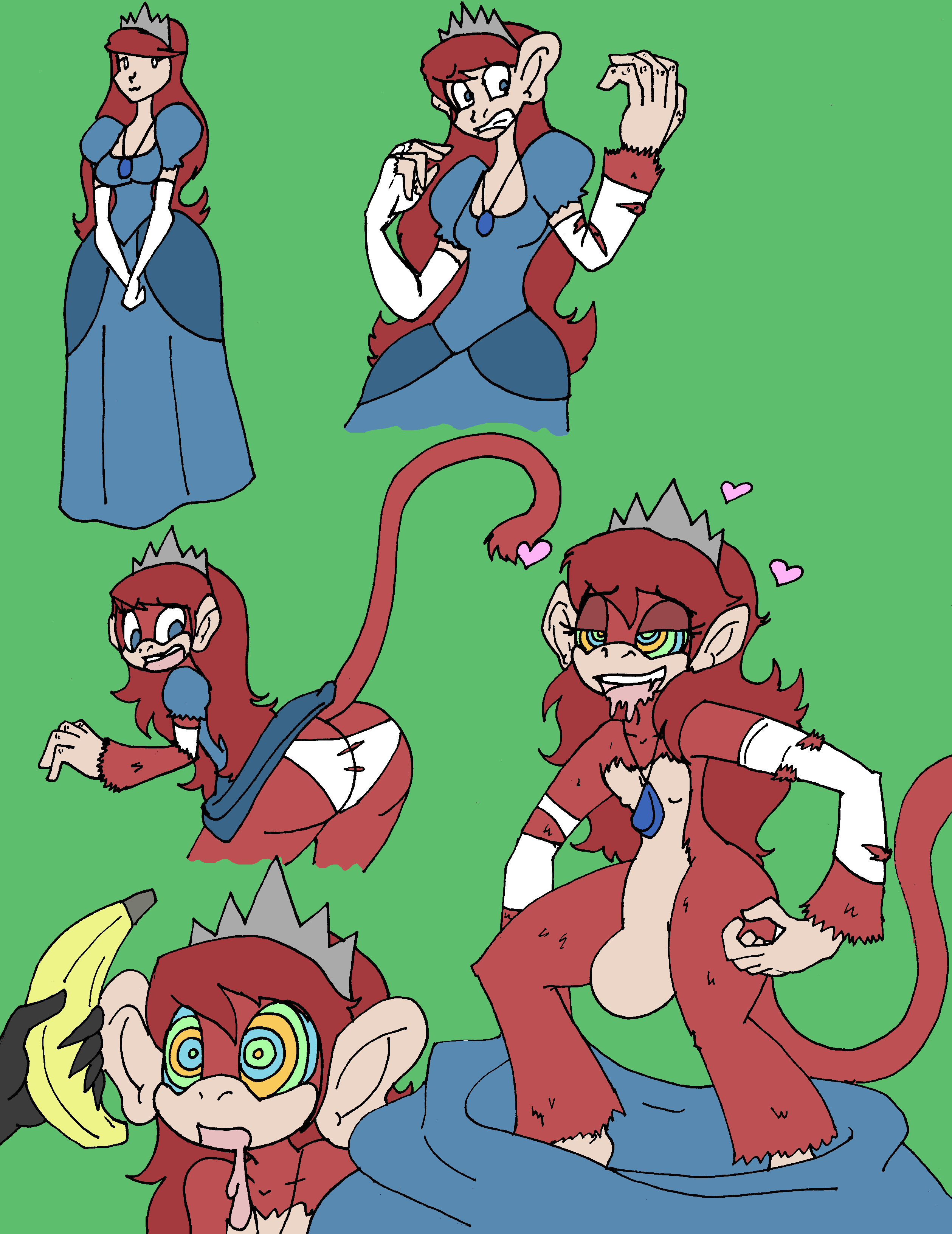 absurdres banana before_and_after bulge crown devolution furry happy_trance heart jewelry kaa_eyes long_hair lordebonfuze monkey monkey_girl necklace original red_hair transformation transgender underwear