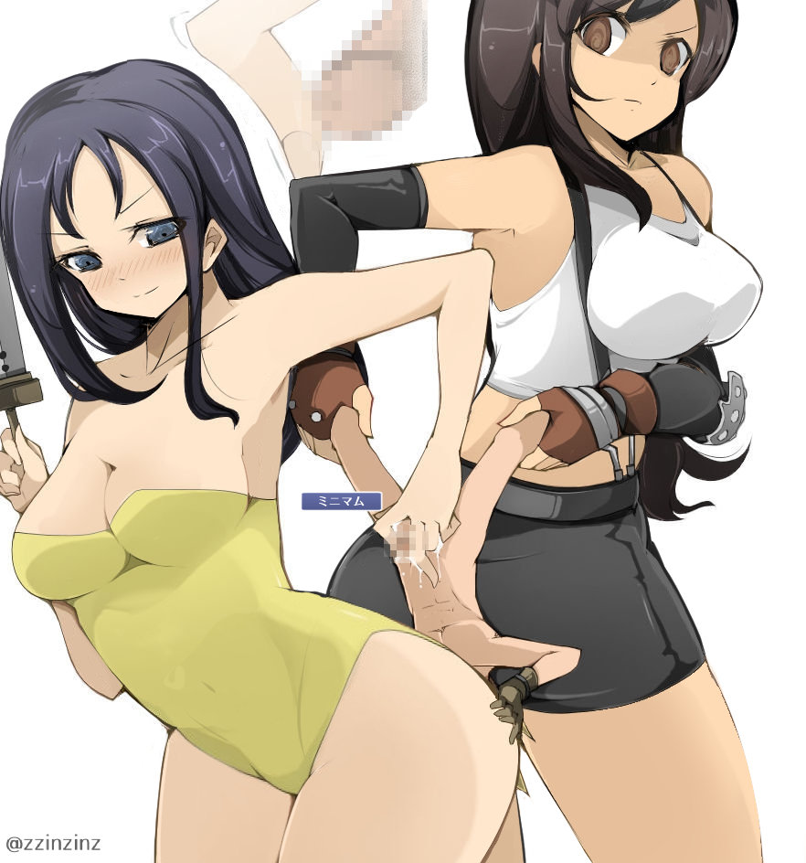 bare_legs bare_shoulders black_hair blue_eyes blue_hair blush breasts brown_eyes censored cleavage cloud_strife corruption expressionless eye_color_change femdom femsub final_fantasy final_fantasy_vii fingerless_gloves gloves handjob hypnotized_assistant japanese_text large_breasts legs leotard malesub mind_break miniboy nude pollensalta restrained shrinking simple_background size_difference spiralwash_eyes spread_legs square_enix sub_on_sub sword text thighs tifa_lockhart translation_request very_long_hair weapon white_background zzinzinz