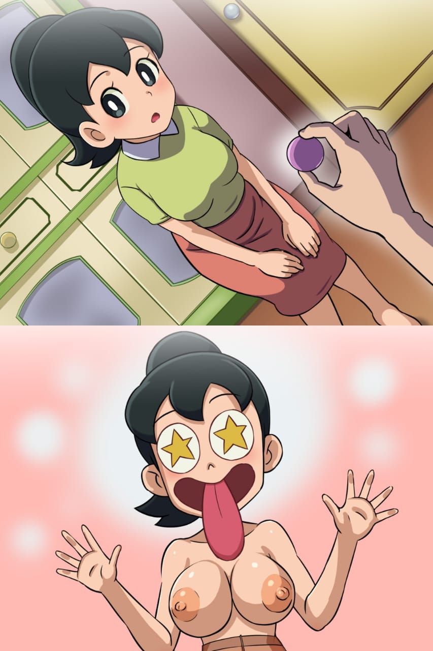 before_and_after black_hair blush complex_background doraemon_(series) erect_nipples female_only femsub grey_eyes jojokichi light_skin male_pov michiko_minamoto milf nipples open_mouth pov sequence short_hair skirt smile sweater symbol_in_eyes tongue tongue_out topless