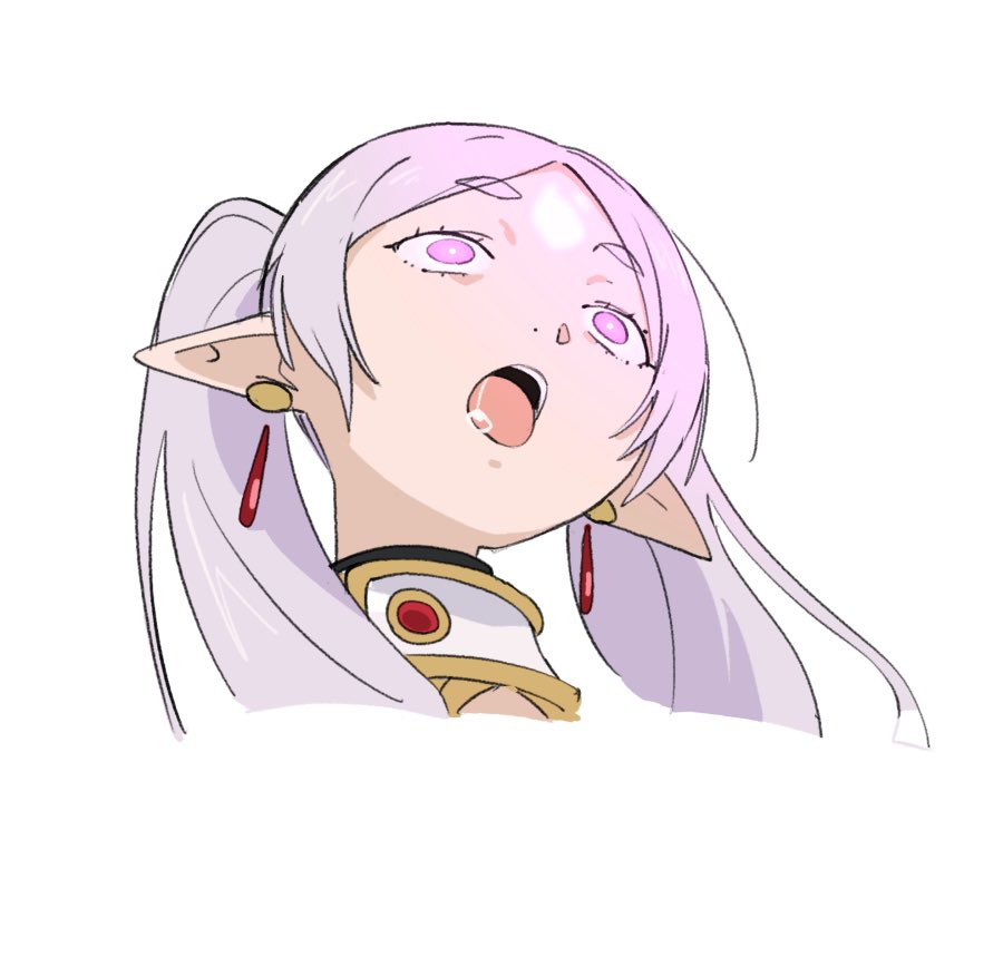 collar drool earrings elf elf_ears expressionless femsub frieren frieren:_beyond_journey's_end glowing_eyes hitsugi_mc hypnotic_light open_mouth twintails white_hair