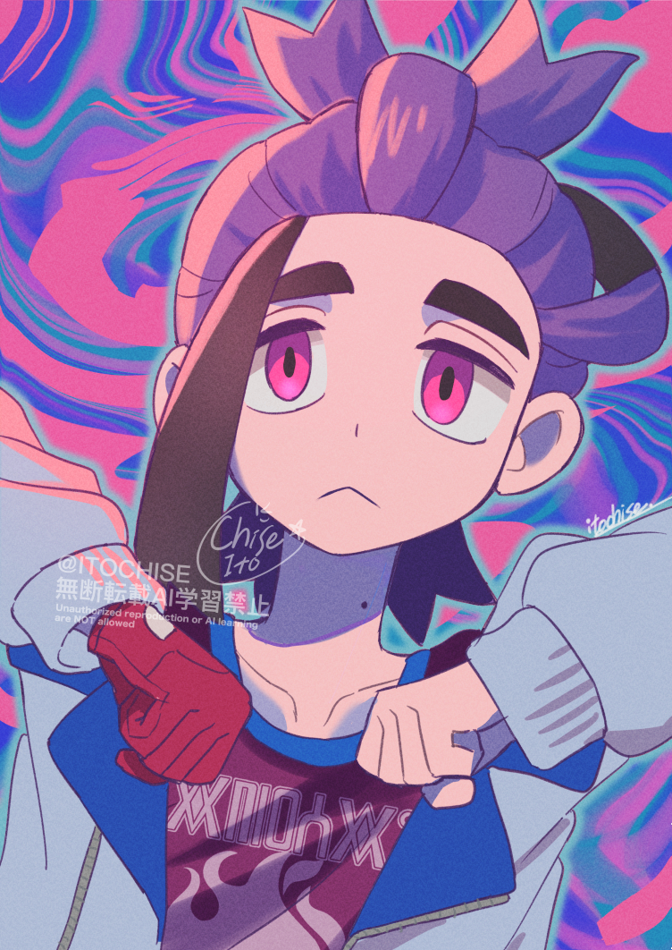 aura chicken_pose clothed dancing expressionless eye_color_change gloves kieran_(pokemon) male_only malesub mochi_dance mole nintendo orange_(orangelv20) pokemon pokemon_scarlet_and_violet purple_eyes purple_hair signature solo