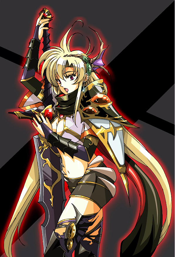 alternate_costume aura blonde_hair breasts brown_eyes cleavage cleavage_cutout corruption earrings eye_color_change eyeshadow female_only femsub glowing hisho jewelry langrisser liana_(langrisser) lipstick long_hair makeup midriff nail_polish navel open_mouth ring_eyes shrunken_irises solo sword thighhighs thighs weapon