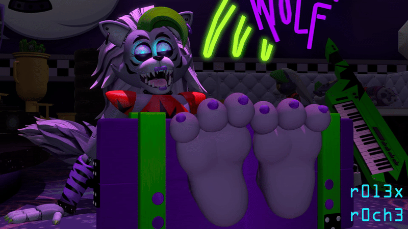 3d animated animated_gif earrings feet femsub five_nights_at_freddy's five_nights_at_freddy's:_security_breach foot_focus furry happy_trance kaa_eyes non-human_feet paws robot_girl rolexroche roxanne_wolf smile spiral_eyes tail wolf_girl