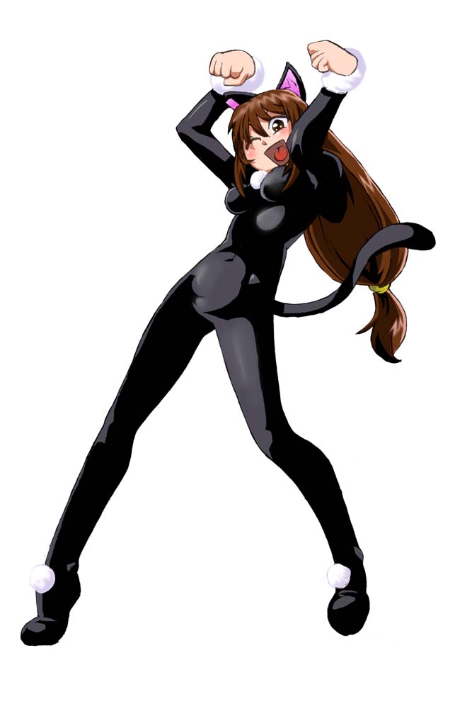alternate_costume arms_above_head aware blush body_control breasts brown_hair cat_ears cat_girl cat_tail catsuit erica_fontaine fake_animal_ears fake_tail female_only femsub happy_trance long_hair looking_at_viewer one_eye_open onnaski open_mouth project_x_zone sakura_wars sakura_wars_iii smile solo tail white_background wink
