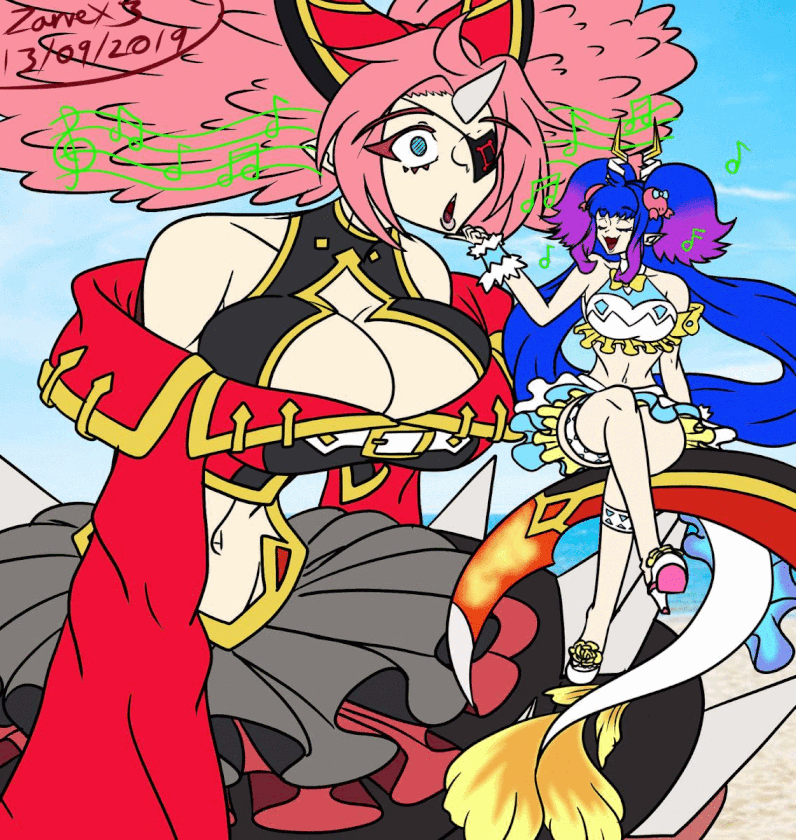 alternate_costume animated animated_gif barbary bare_breasts bare_legs bare_shoulders bimbofication blue_eyes blue_hair breasts chin_hold cleavage closed_eyes crossed_legs cygames dragalia_lost dragon_girl elf_ears empty_eyes eyepatch female_only femdom femsub happy_trance horns hypnotic_audio hypnotic_music large_breasts legs long_hair midriff navel nintendo outdoors pink_hair singing siren_(dragalia_lost) sitting smile swimsuit tail tentacles topless yellow_eyes yuri zarvex3