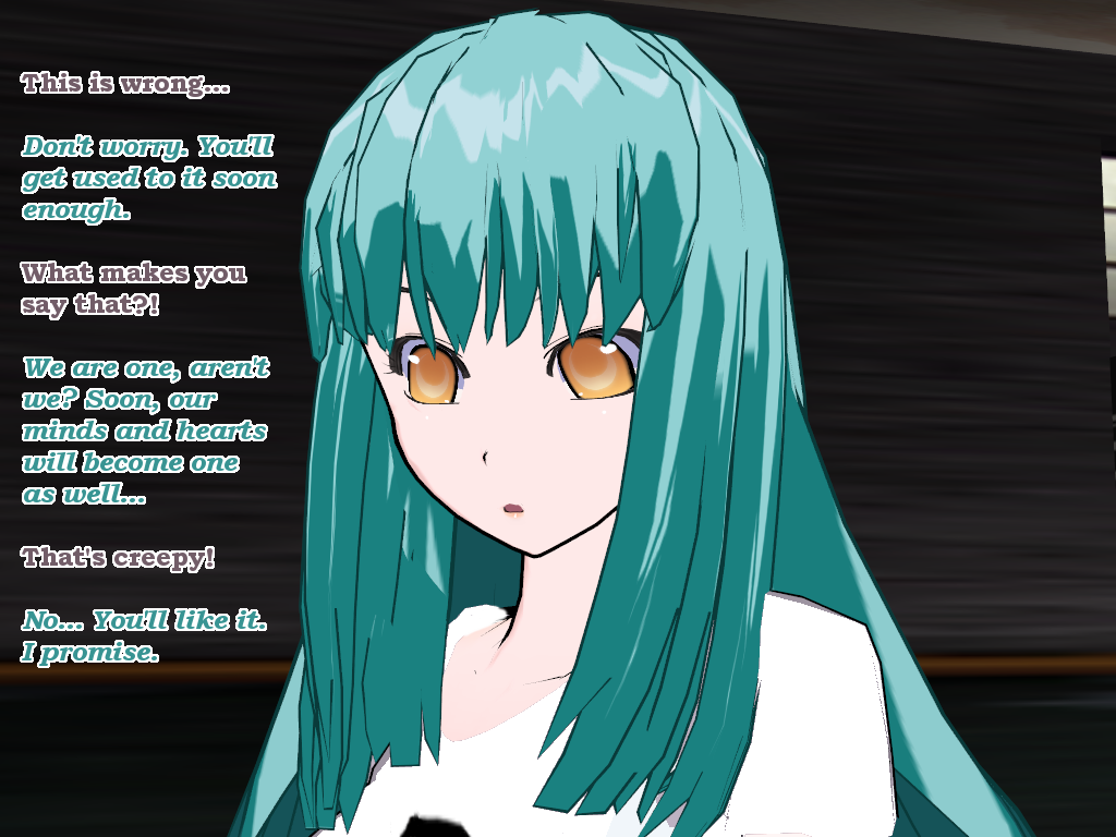 3d cyan_hair flamekin ghost_girl long_hair possession shirt text transgender unusual_pupils yellow_eyes