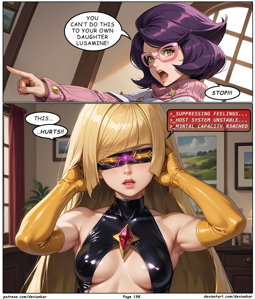 ai_art blonde_hair devianbar dialogue femsub glasses large_breasts latex long_hair lusamine nintendo pokemon purple_hair short_hair team_hypno tech_control text visor wicke