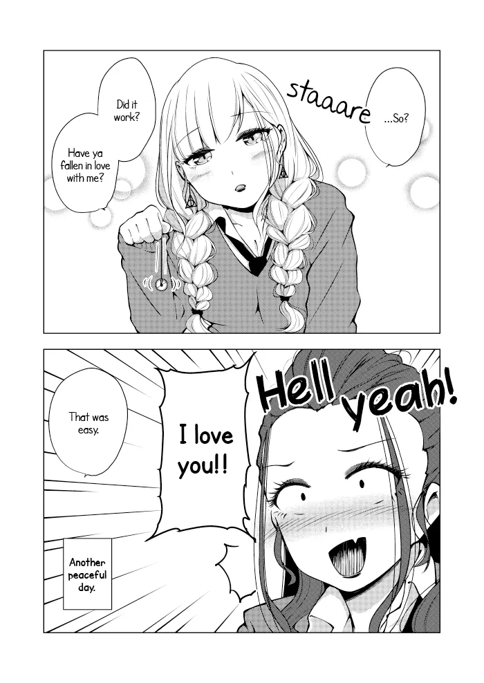 blush border cleavage coin comic cyan_steam dialogue english_text eyebrows_visible_through_hair female_only femdom femsub greyscale hard_translated long_hair love monochrome multiple_girls mumei_scanlation original pendulum right_to_left sezaki_umi shrunken_irises simple_background sparkle speech_bubble text tie translated turning_the_tables twin_braids uniform white_background wholesome yuri