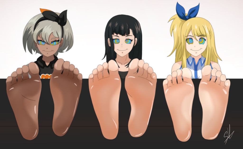 bea_(pokemon) blonde_hair dark_skin fairy_tail feet femsub fire_force foot_focus grey_hair happy_trance kaa_eyes long_hair lucy_heartfilia maki_oze nintendo pokemon short_hair spiral_eyes spraws