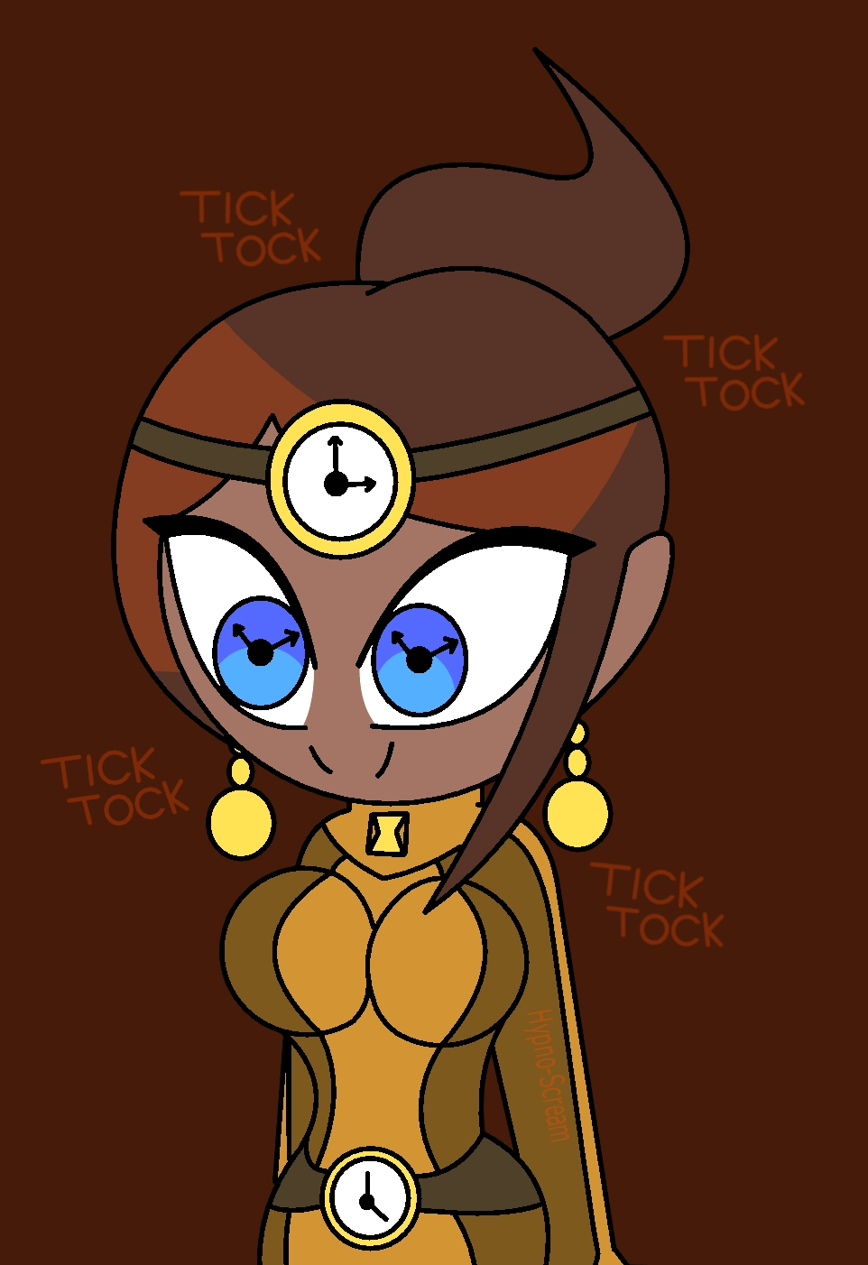 aoi_asahina belt blue_eyes bodysuit brown_hair clock clothed dangan_ronpa drone earrings female_only fembot femsub happy_trance headband hourglass_figure hypnoscream jewelry large_breasts long_hair simple_background smile solo standing symbol_in_eyes tick-tock_saying tight_clothing wide_hips