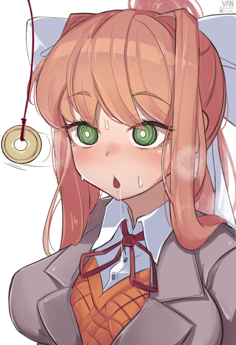 blush clothed coin doki_doki_literature_club drool empty_eyes expressionless eyebrows_visible_through_hair female_only femsub green_eyes hair_ribbon long_hair monika orange_hair pendulum ponytail ribbon school_uniform shirt signature simple_background solo spiral_eyes sweat symbol_in_eyes tagme vaniste white_background