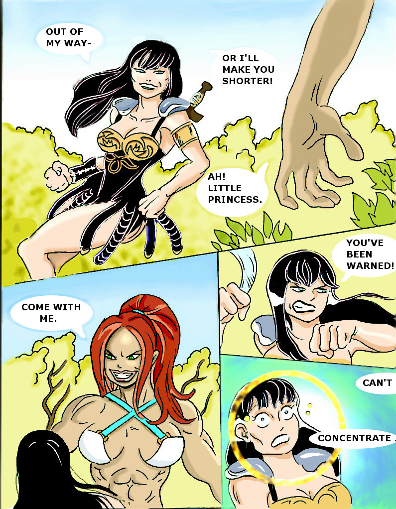 black_hair breasts comic femdom femsub long_hair muscle_girl red_hair text tikkimin western xena xena_warrior_princess