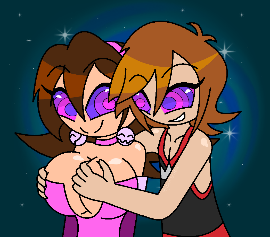 aged_up alternate_costume alternate_hairstyle androgynous_dom bare_shoulders brown_hair capcom choker cleavage collarbone consensual crossover disney earrings eyebrows_visible_through_hair eyelashes femsub green_background groping happy_trance hypnoscream hypnotic_eyes kaa_eyes kingdom_hearts large_breasts maledom megaman_(series) megaman_legends_(series) necklace opera_gloves purple_eyes shiny_hair shiny_skin smile sora square_enix tank_top tron_bonne