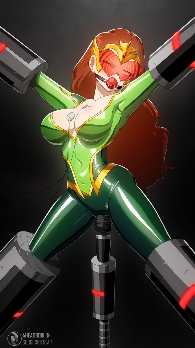 4headboiii ball_gag bodysuit cameltoe cleavage collarbone dc_comics drool female_only femsub gag huge_breasts large_breasts mera_(dc_comics) one_eye_open orange_hair resisting restrained solo spiral spread_legs tech_control very_long_hair vibrator visor