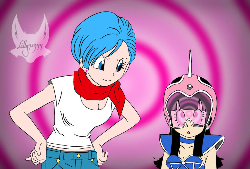 bulma_briefs chichi dragon_ball femdom femsub helmet hypnotic_accessory lilly41944 pink_background spiral_background tech_control