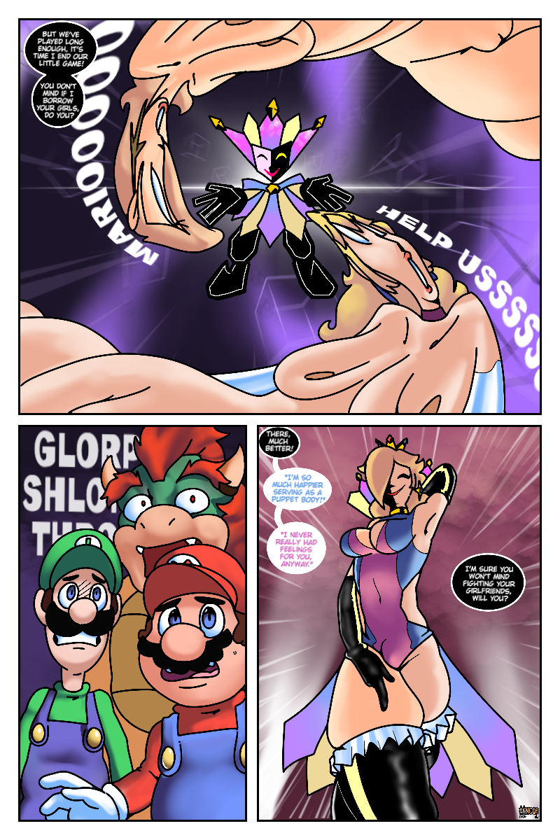 alternate_costume arms_above_head bare_breasts blonde_hair blue_eyes bowser brown_hair bulge cleavage_cutout closed_eyes clothed comic corruption crown dialogue dimentio english_text femsub fusion gloves happy_trance hat horns hypnotic_magic large_breasts leotard luigi magic mario mustache netorare nintendo nipples opera_gloves paper_mario posing possession princess princess_peach princess_rosalina red_hair royalty scared shimmering-fox shrunken_irises smile speech_bubble super_mario_bros. super_paper_mario surprised sweat text thighhighs thighs topless transformation very_long_hair whitewash_eyes
