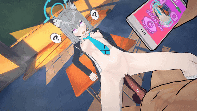 3d animal_ears animated animated_gif arms_behind_back bangs blackboard blue_archive blush bouncing_breasts breath cell_phone classroom confused erect_nipples eye_roll femsub grey_hair halo hypnotic_app koikatsu! long_hair maledom mk356 navel nipples open_mouth penis phone pink_eyes pov pov_dom sex shiroko_(blue_archive) socks speech_bubble spread_legs tech_control tie topless vaginal