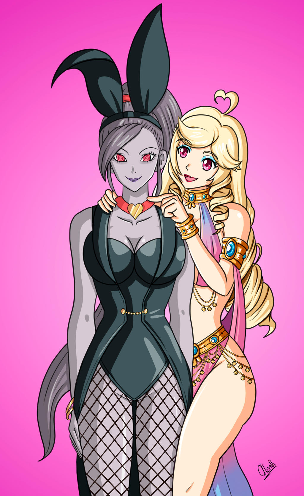 ahoge alerith alternate_color_scheme alternate_costume alternate_hair_color bare_shoulders blonde_hair breasts bunny_ears bunny_girl bunnysuit character_request choker cleavage collar corruption dragon_quest_(series) dragon_quest_xi eyeshadow female_only femdom femsub happy_trance heart hypnotic_accessory hypnotic_clothing jade_(dragon_quest_xi) lipstick long_hair looking_at_viewer makeup open_mouth original pantyhose pink_background ponytail purple_hair purple_skin red_eyes smile spiral spiral_eyes square_enix standing standing_at_attention symbol_in_eyes tights yuri