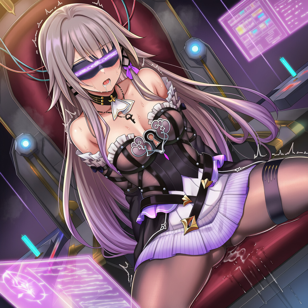 arm_warmers arms_behind_back blush breasts breath brown_hair cables chair cleavage collar corruption drool female_only femsub garter_straps herta_(honkai_star_rail) honkai_star_rail long_hair monitor open_mouth osaka_re_taii pad_lock panties pantyhose pussy_juice sitting skirt solo spread_legs straight-cut_bangs sweat tech_control trembling visor wires