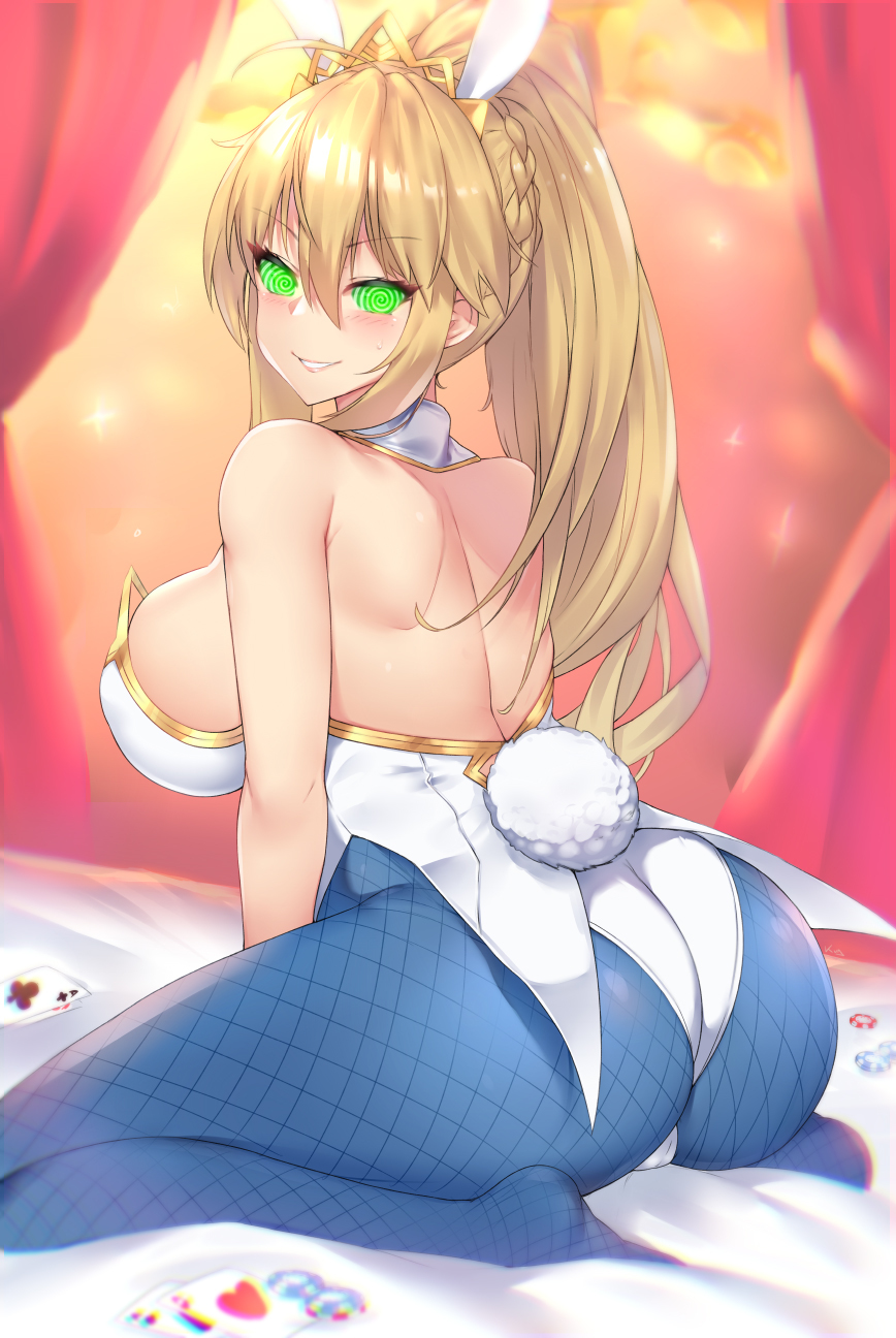 artoria_pendragon artoria_pendragon_(lancer) ass blonde_hair blush breasts bunny_ears bunnysuit fake_animal_ears fate/grand_order fate_(series) female_only femsub fishnets glowing glowing_eyes happy_trance kuavera large_ass large_breasts long_hair looking_at_viewer looking_back manip misterman4_(manipper) ponytail saber smile solo spiral_eyes symbol_in_eyes thighhighs