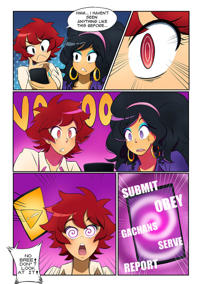 black_hair bouffant bree_(gacha_gotcha) comic dazed dialogue earrings gacha_gotcha headband hypnotic_app hypnotic_screen kobi94 long_hair monika_(gacha_gotcha) original phone red_hair short_hair spiral spiral_eyes