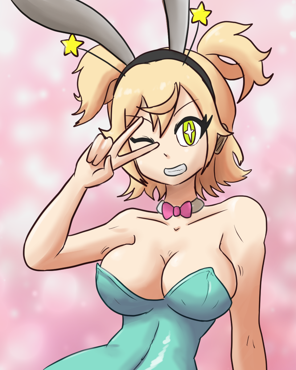 bappy_(hypnolandom) blonde_hair bunny_ears bunny_girl bunnysuit celtie_(world_flipper) fake_animal_ears female_only femsub looking_at_viewer mythkaz one_eye_open original possession short_hair tagme wink world_flipper