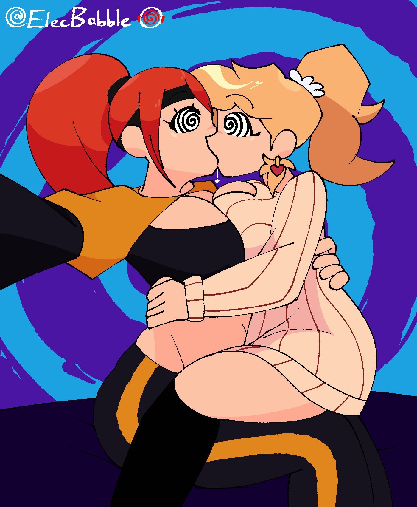 bliss_(elecbabble) breast_press elecbabble femsub jessica_(lewd_rays) kissing original selfie sitting_on_lap spiral_background spiral_eyes yuri