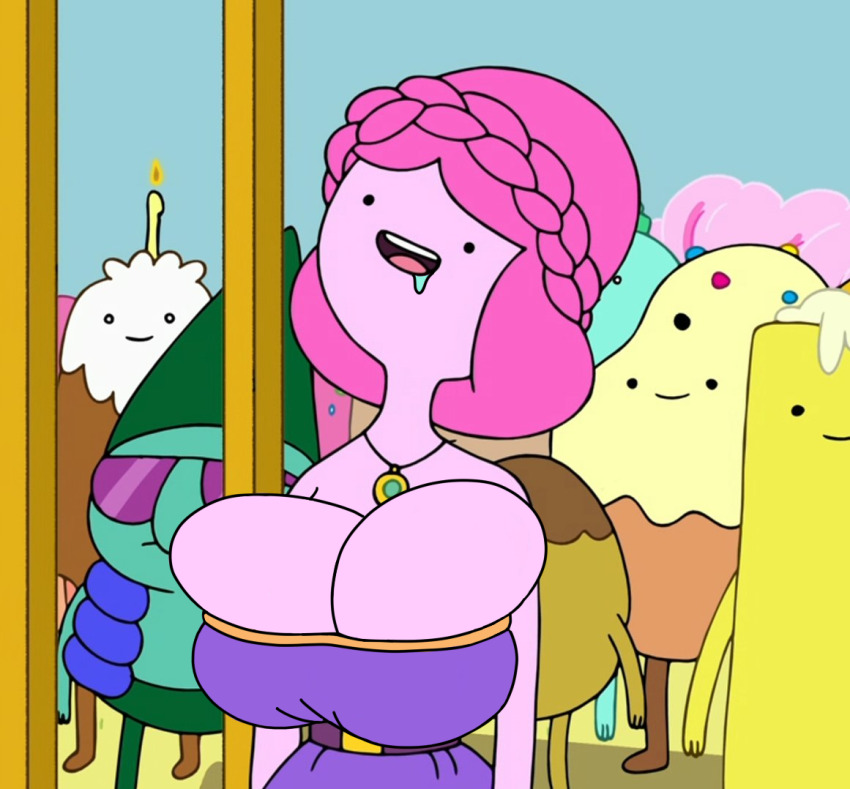 adventure_time bimbofication braid breast_expansion cleavage drool femsub huge_breasts large_breasts manip necklace open_mouth outdoors pink_hair pink_skin princess_bubblegum screenshot short_hair standing