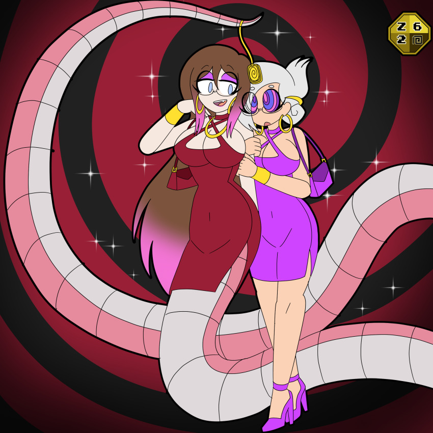 absurdres altrix_(altrixwrites) arms_behind_back bare_legs bare_shoulders breasts brown_hair cleavage clothed coils deejay_(zombi62) dress earrings eyebrows_visible_through_hair eyeshadow female_only femdom femsub glasses hair_covering_one_eye high_heels jewelry kaa_eyes large_breasts legs makeup monster_girl naga_girl necklace original pendulum pink_hair shoes short_hair sparkle spiral_background spiral_eyes spiralwash_eyes standing very_long_hair white_hair yuri zombi62