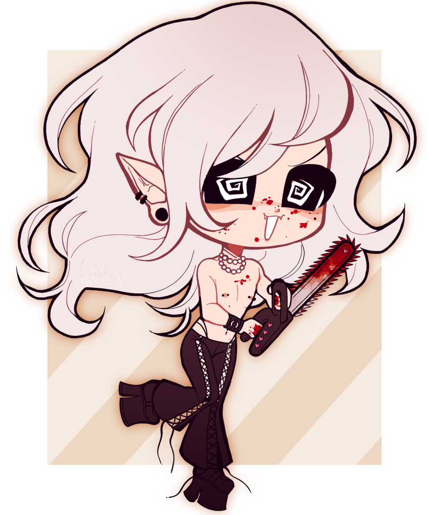 blood chainsaw chibi commission corruption dreamalgia elf_ears fangs femboy high_heels male_only malesub nipple_piercing nipples open_mouth original pants smile solo spiral_eyes topless white_hair