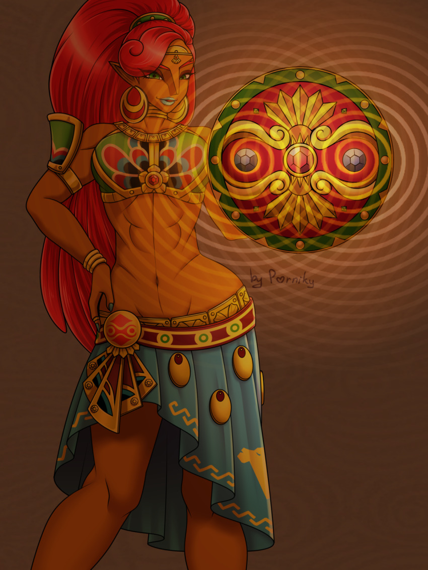 abs breath_of_the_wild dark_skin femdom gerudo harem_outfit jewelry large_hips long_hair midriff navel nintendo porniky pov pov_sub red_hair shield skirt spiral the_legend_of_zelda urbosa