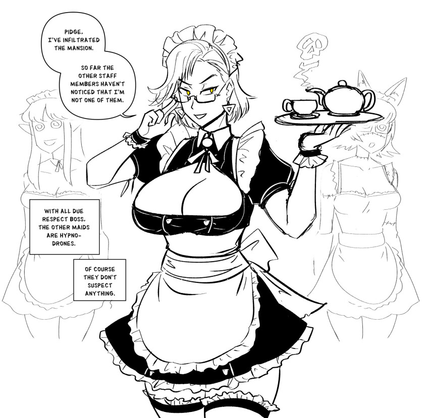 animal_ears bare_shoulders bow_tie cleavage cleavage_cutout collarbone cuffs dazed dress earpiece earrings elf_ears eyebrows_visible_through_hair female_only femsub glasses happy_trance humor large_breasts legs long_hair maid maid_headdress majinsfw multiple_girls multiple_subs original ribbon scars short_hair simple_background skirt skull smile spiralwash_eyes standing text thighhighs tray veronica_nightingale_(majinsfw) white_background yellow_eyes