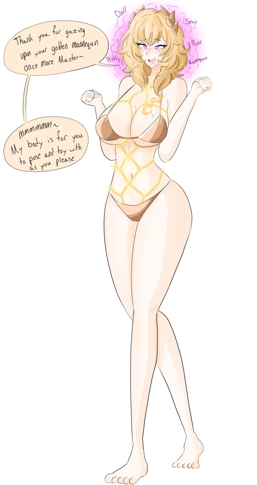 a_singular_fish aglaea_(honkai_star_rail) bare_legs barefoot bikini blonde_hair blush bondage collarbone curly_hair drool eyebrows_visible_through_hair feet female_only femsub gold hair_ornament happy_trance honkai_star_rail human_furniture large_breasts legs magic mannequin navel open_mouth panties pink_eyes posing short_hair simple_background smile solo text tiptoes underboob white_background wide_hips