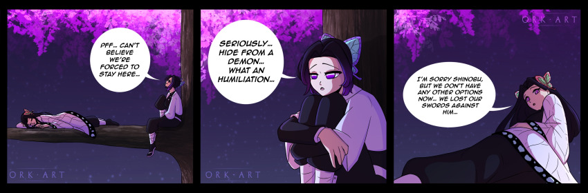 black_hair butterfly comic demon_slayer english_text hair_ornament kanae_kocho multiple_girls multiple_views orkart outdoors purple_hair shinobu_kocho signature sitting text trees