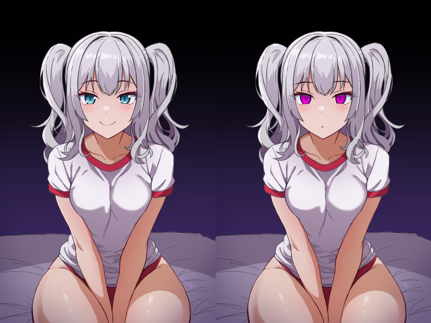 absurdres batta18th bed before_and_after blue_eyes blush breasts clothed empty_eyes expressionless female_only femsub grey_hair gym_uniform kantai_collection kashima_(kantai_collection) long_hair looking_at_viewer pink_eyes simple_background sitting smile solo sports_briefs twintails